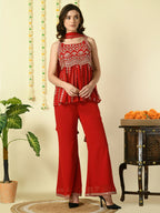 Myshka Women's Red Georgette Top & Palazzos With Dupatta Party Sets