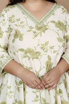 Miravan Women's Plus Size Green Printed Pure Cotton Kurta With Palazzo