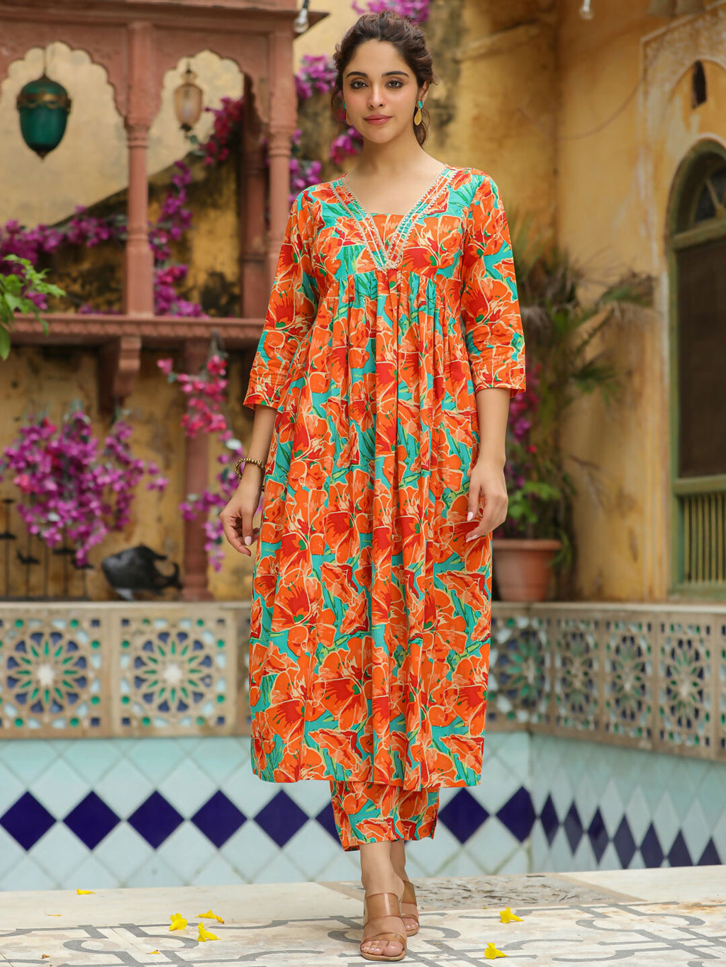Janasya Orange Cotton Floral Kurta & Bottom