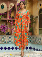 Janasya Orange Cotton Floral Kurta & Bottom