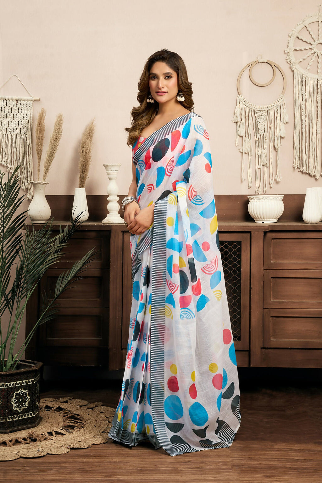 Vastranavya Multicolor Digital Printed Linen Ready To Wear Designer Saree with Unstitched Blouse - Distacart