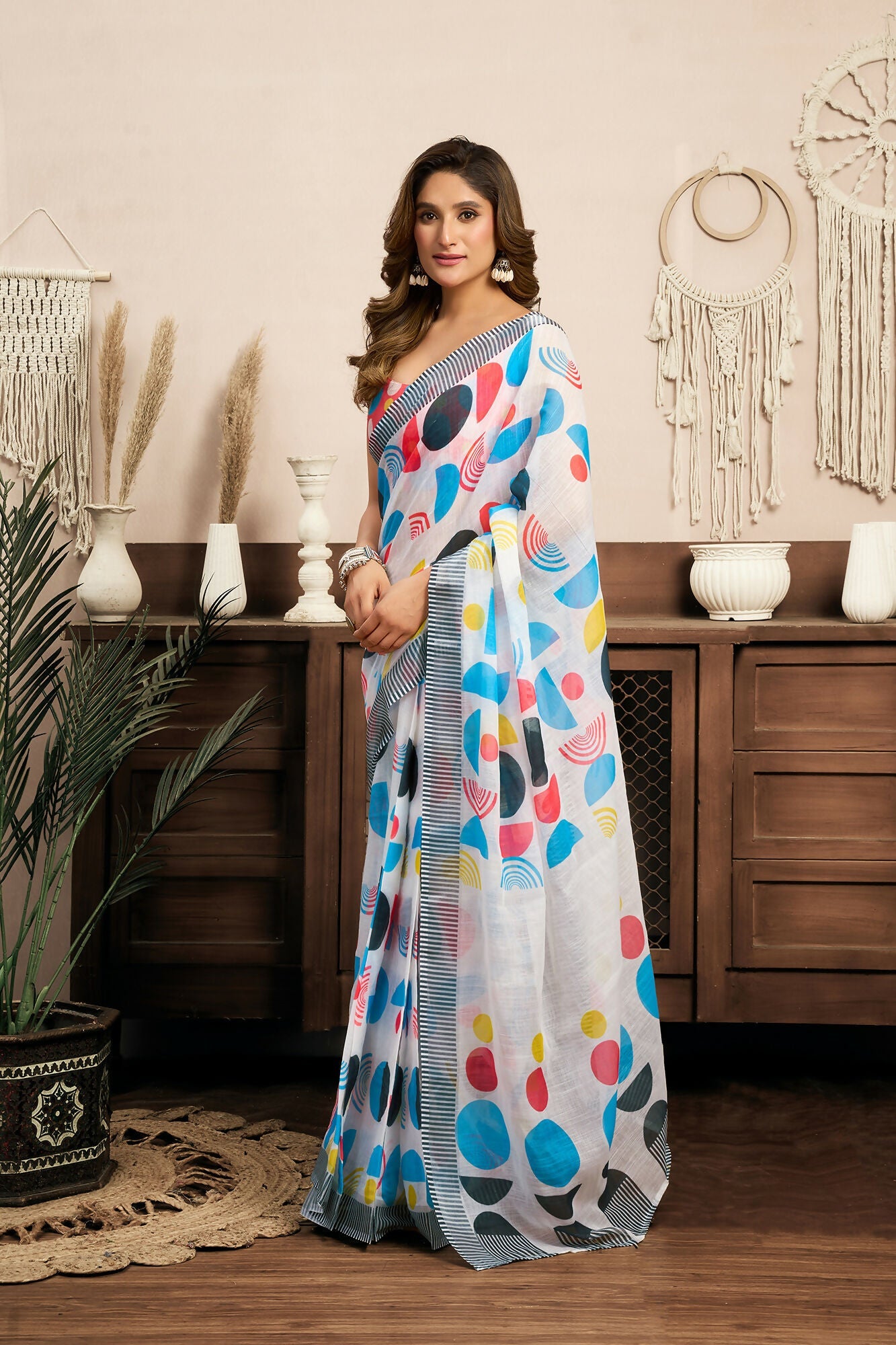 Vastranavya Multicolor Digital Printed Linen Ready To Wear Designer Saree with Unstitched Blouse - Distacart
