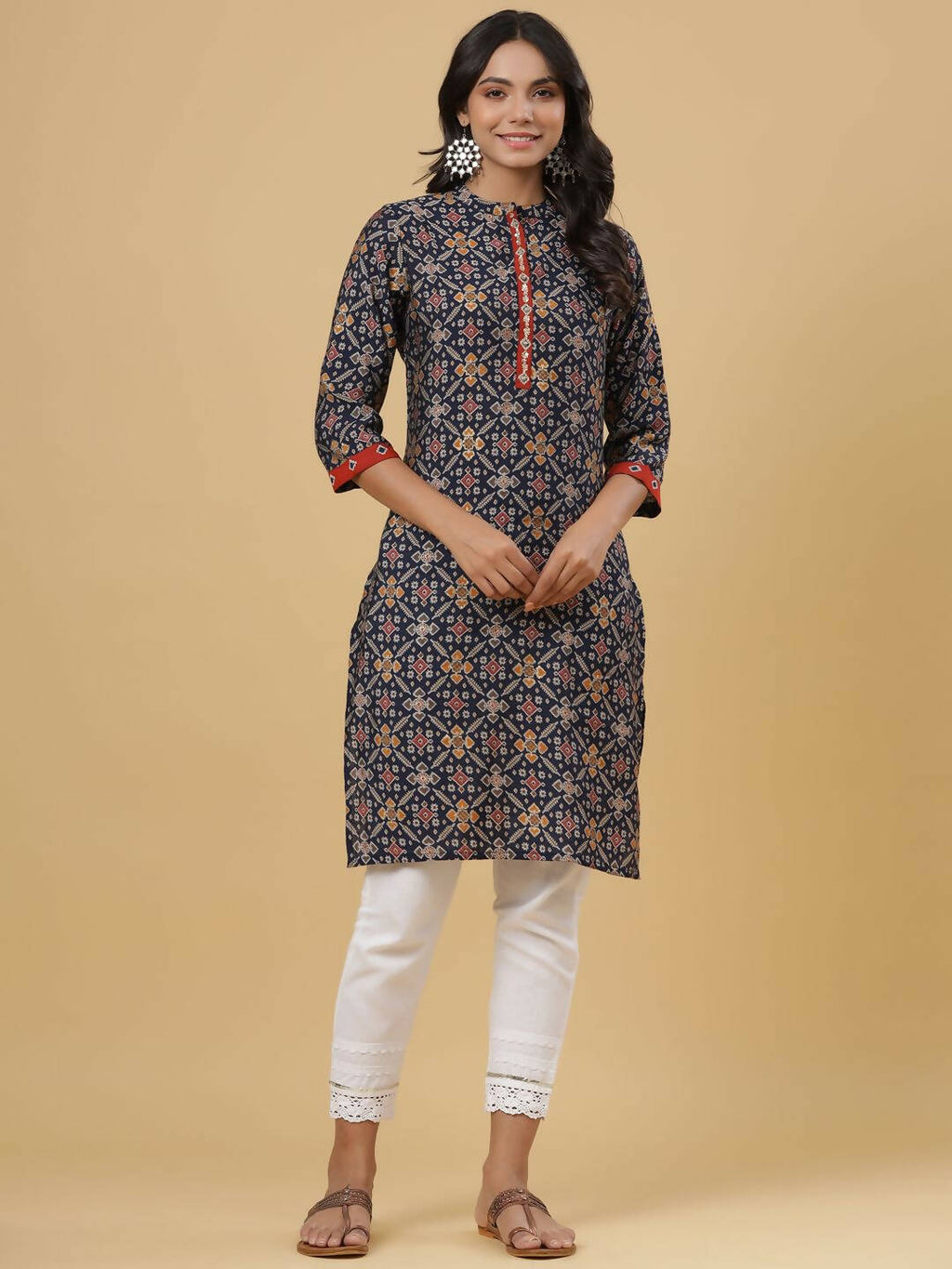 Juniper Women's Navy Printed Straight Knee Length Kurta - Distacart