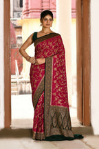 Joban Fashion Hot Pink Crepe Chiffon Pure Handloom Banarasi Silk Saree
