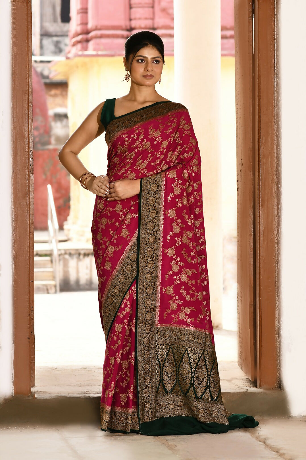 Joban Fashion Hot Pink Crepe Chiffon Pure Handloom Banarasi Silk Saree