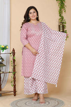 Miravan Women's Plus Size Pink Floral Printed Gotta Patti Pure Cotton Kurta With Palazzo & Dupatta Set