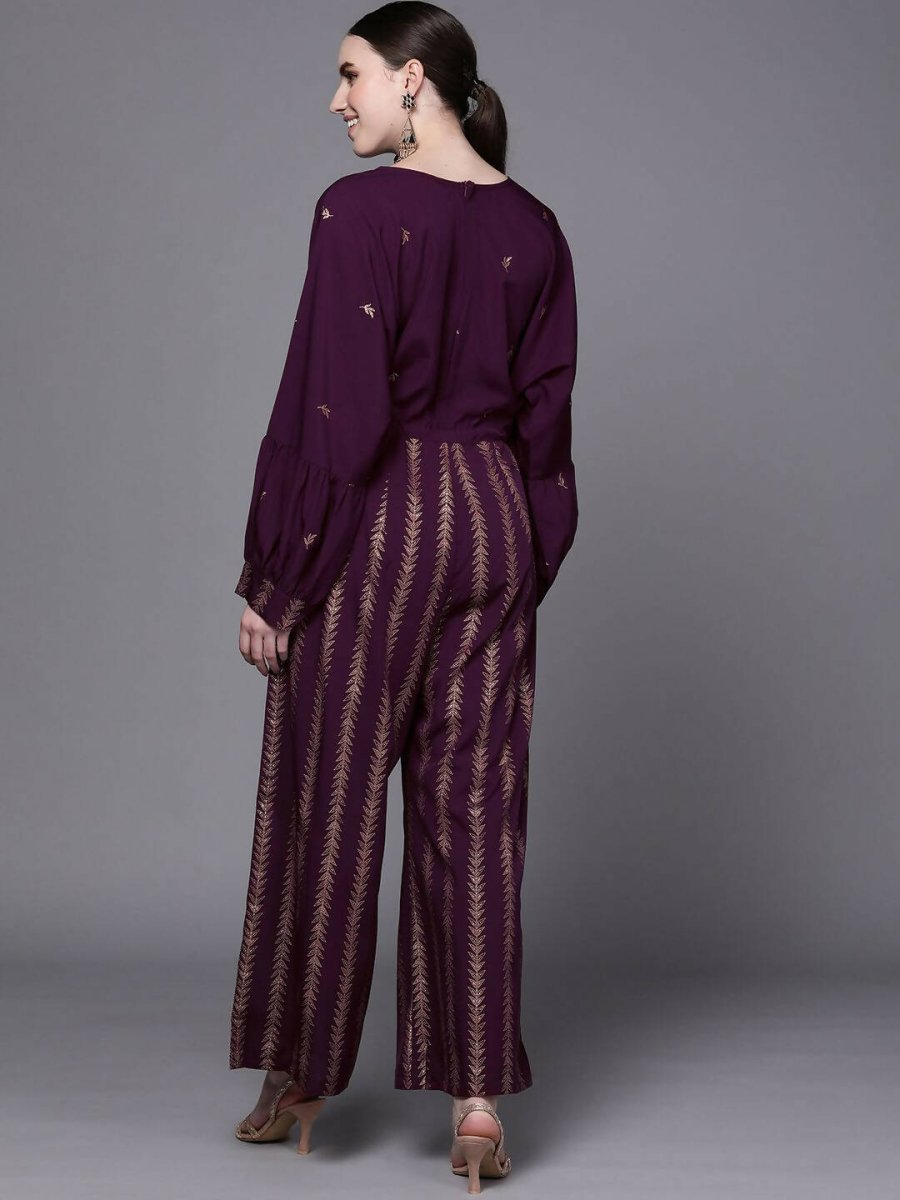 Ahalyaa Purple & Golden Printed Basic Jumpsuit - Distacart