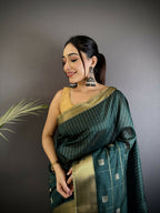 Joban Fashion Teal Bhagalpuri Cotton Silk Stripes/Box Saree - Distacart