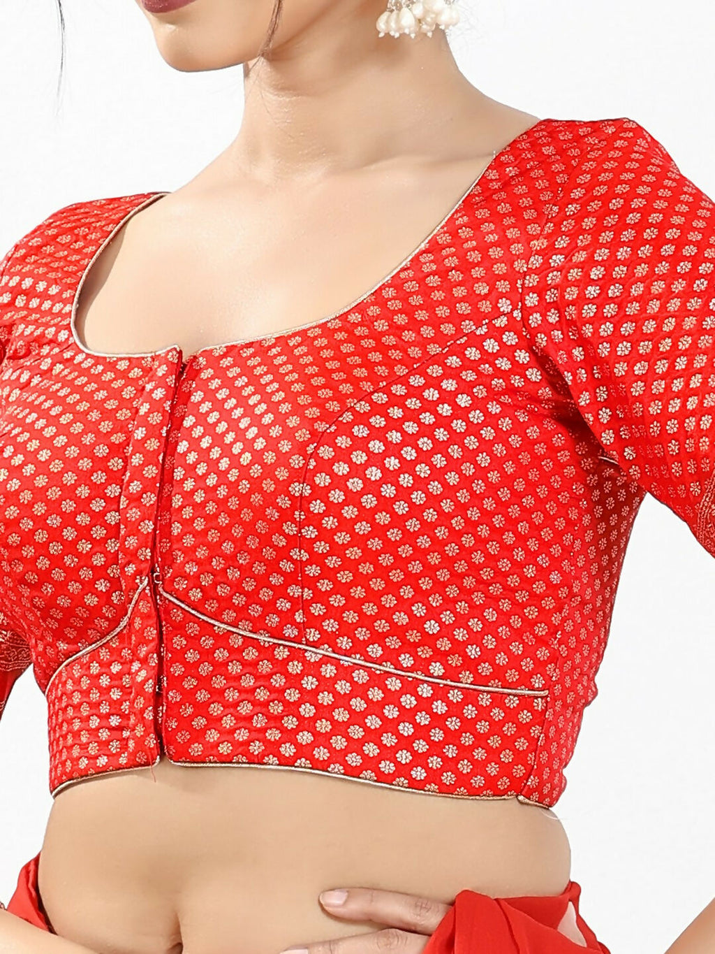 Joban Fashion Red Brocade Padded Blouse With Round Neck Elbow Sleeves - Distacart