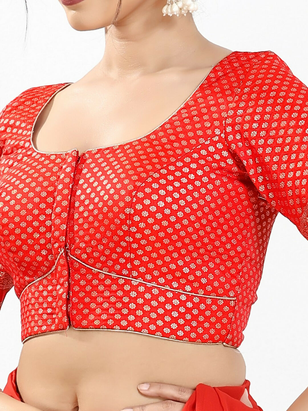 Joban Fashion Red Brocade Padded Blouse With Round Neck Elbow Sleeves - Distacart