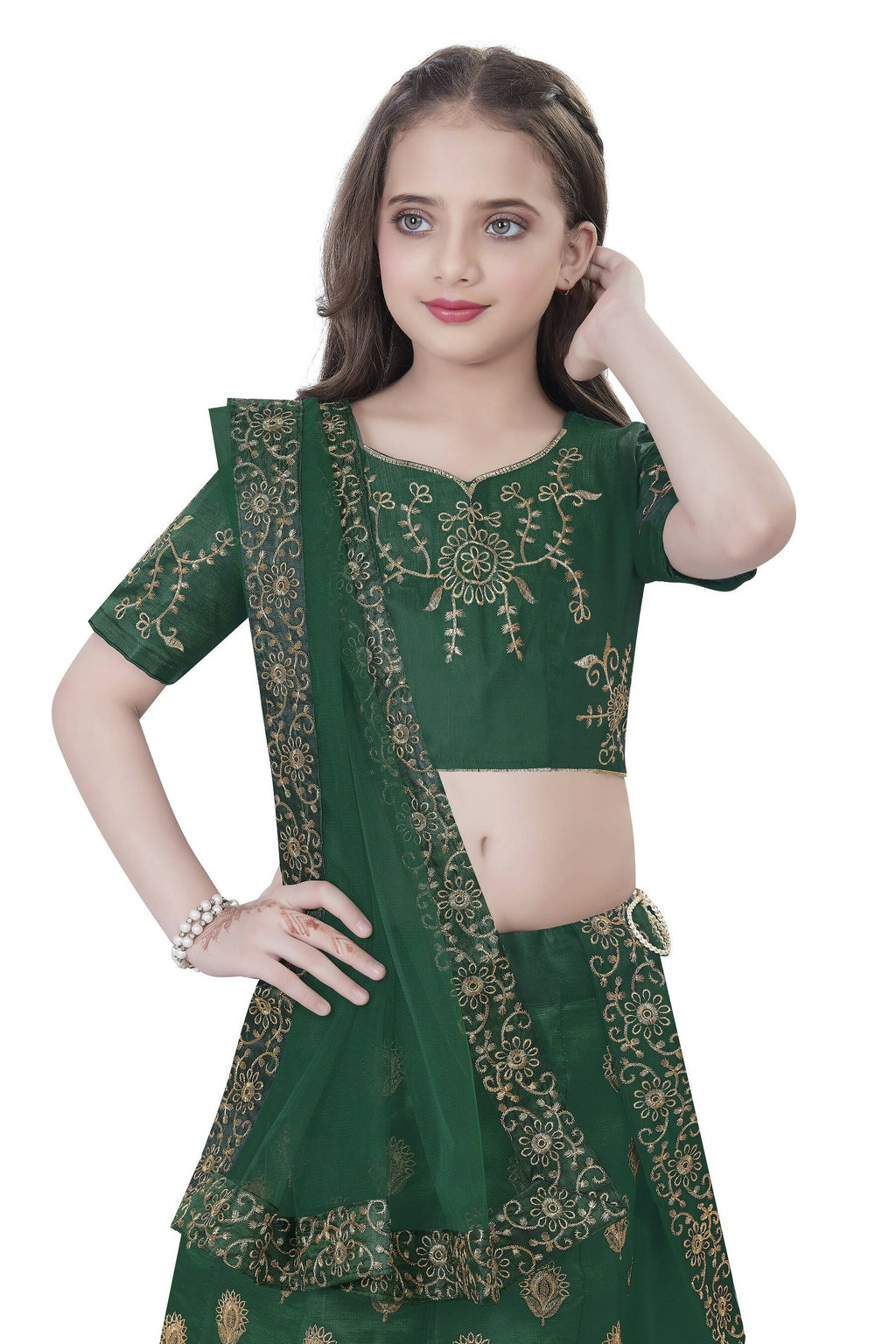 Dwiden Green Gulab Tafetta Sattin Semi-Stitched Girl'S Lehenga Choli