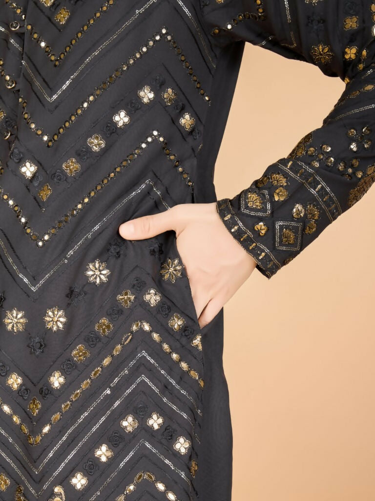 Vastranavya Slate Grey Exclusive Festival Wear Pure Viscose Rayon Embroidered Sequence Work Kurta