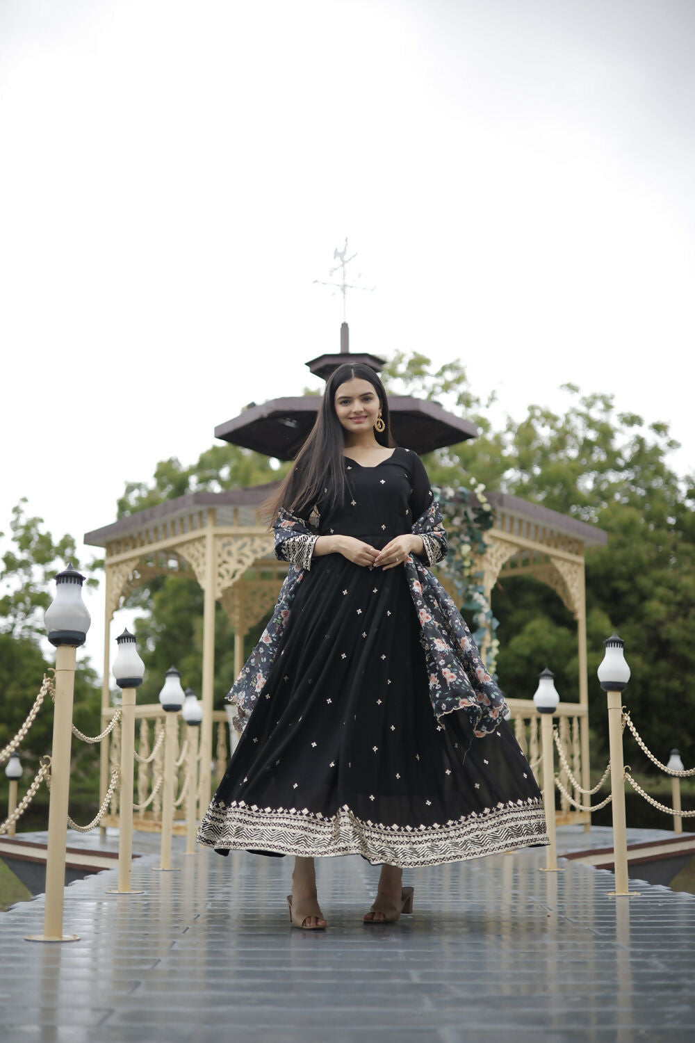 Aayaa Designer Embroidery Zari Sequins-Work Faux Blooming Georgette Suit - Black - Distacart