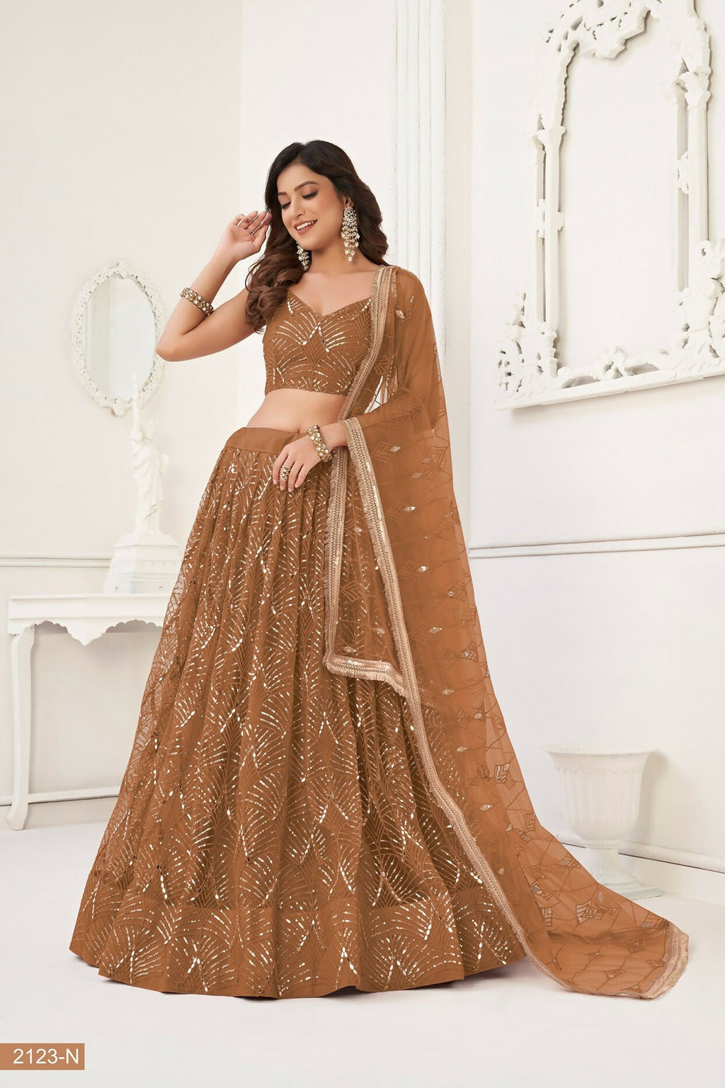 Eilara Brown Thread Sequin Embroidered Net Lehenga Set