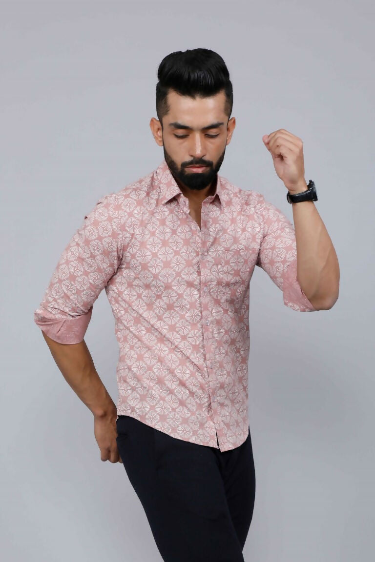 Miravan Men's Pink Pure Cotton Floral Print Slim Fit Casual Shirt