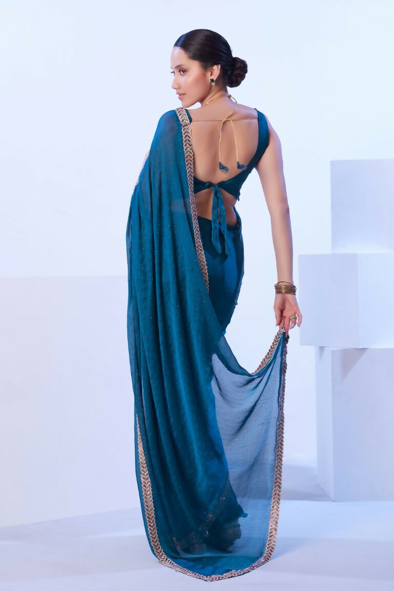 Firozi Satin Chiffon Solid Designer & Lace Work Saree - Samaa