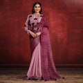 Peach Crepe Satin Silk Sequence Thread & Stone Work/ Texture Pallu Saree - Mohmanthan Kimiya