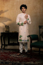 Falling Raw Silk Peach Gajavana Kurta Set By Hilo Design