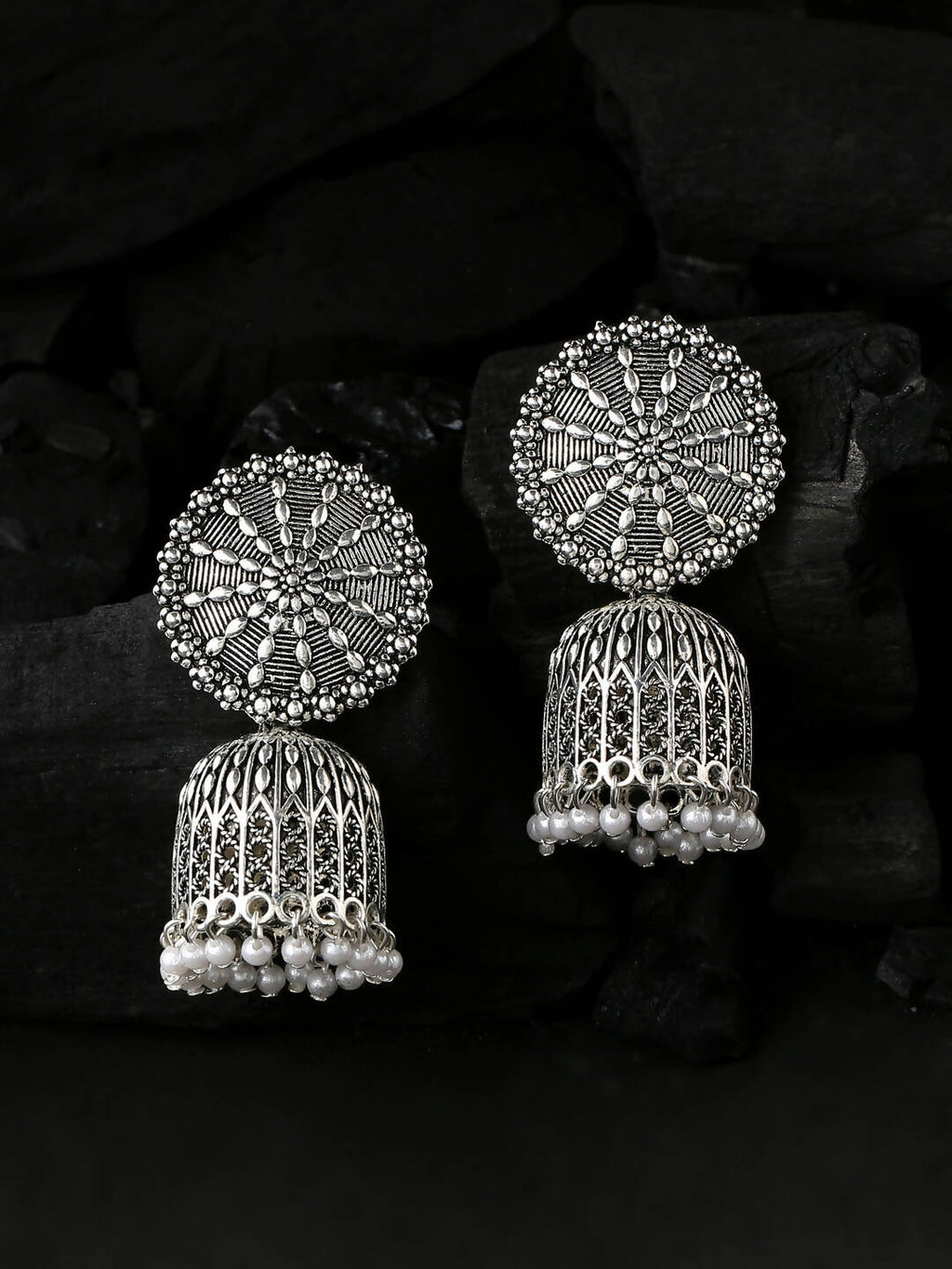 NVR Women Silver Toned Dome Shaped Jhumkas Earrings - Distacart