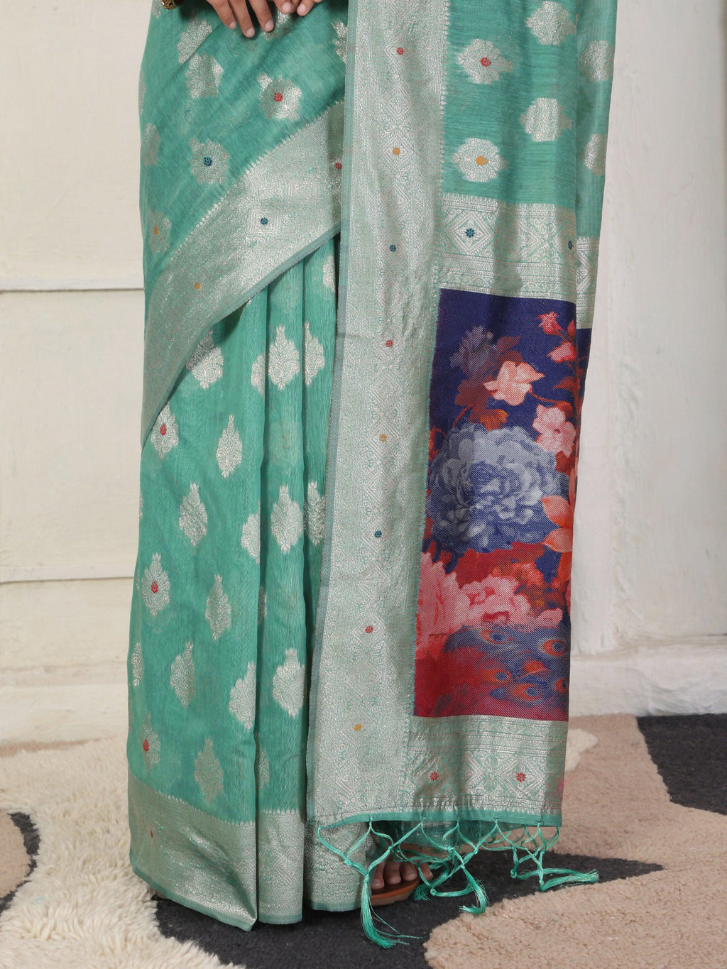 Shree Shyam Fashion Linen Cotton Rama Green Saree - Distacart
