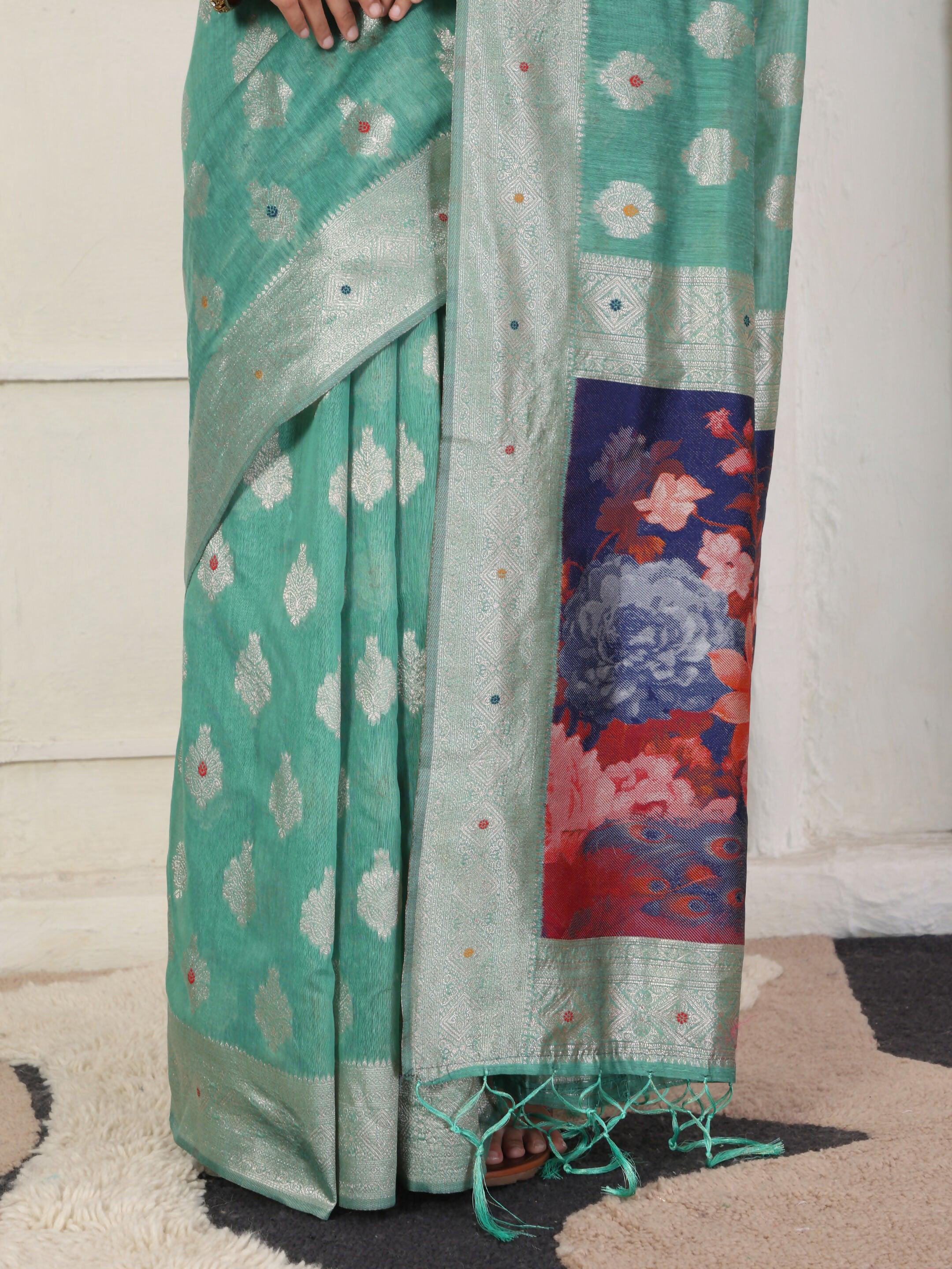 Shree Shyam Fashion Linen Cotton Rama Green Saree - Distacart
