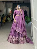 Lorenvalley Lavender Pure Chanderi Plain With Zari Weaving Work Border Lehenga Choli