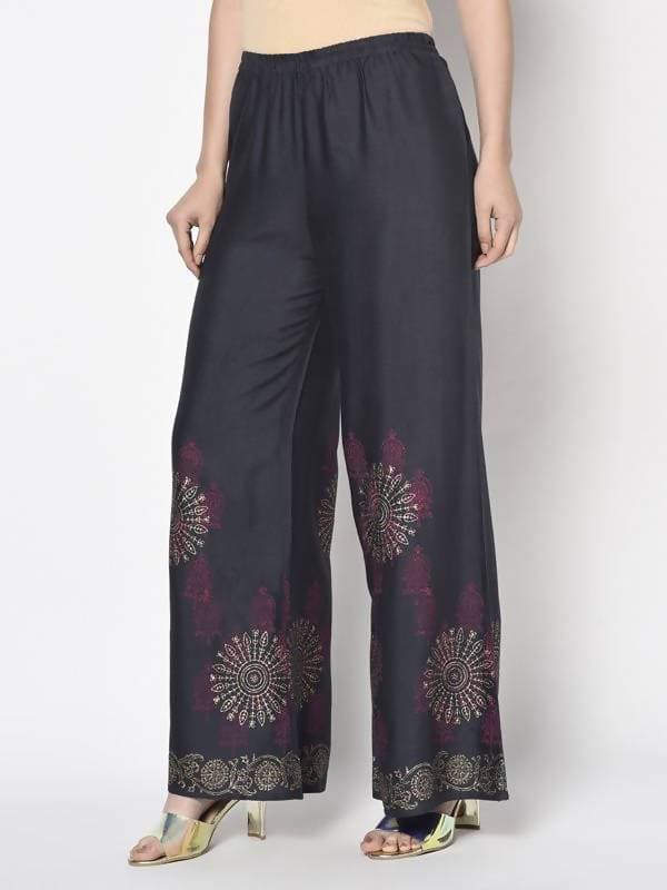 Aniyah Rayon Dark Grey Color Block Print Flared Slip-On Palazzo (AN-201K)