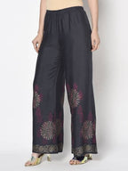 Aniyah Rayon Dark Grey Color Block Print Flared Slip-On Palazzo (AN-201K)