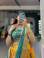 Vastranavya Kalamkari Print With Weaving Border Lehenga with Unstitched Blouse - Yellow