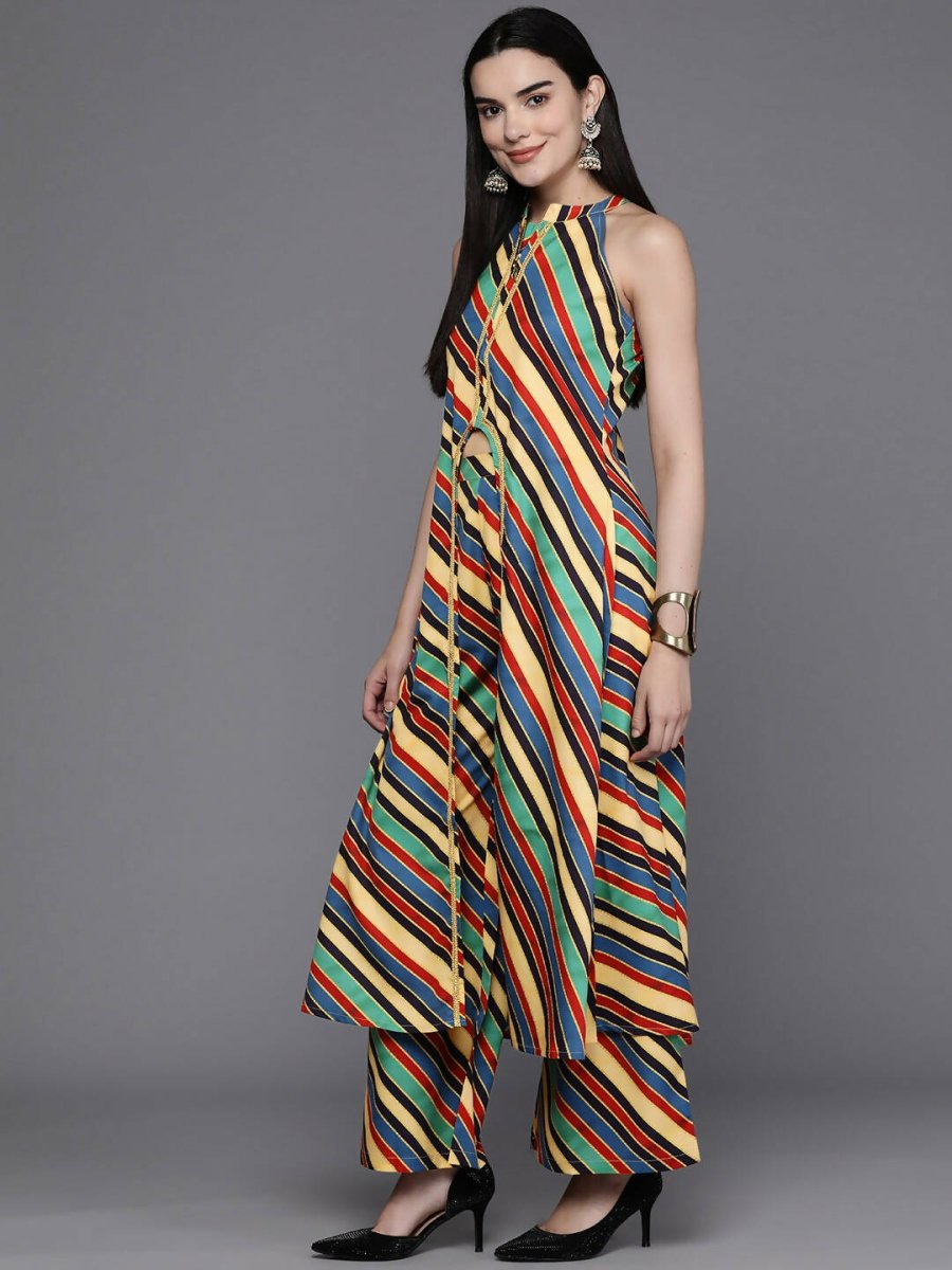 Ahalyaa Women Striped High Slit Kurta with Palazzos - Green Color