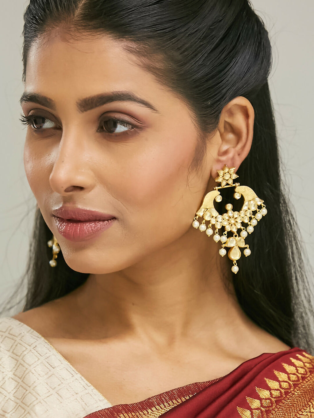 Nuyug 22K Gold-Plated Kundan and Pearl Earrings with Floral Stud and Intricate Crescent Design Chandbalis - Distacart