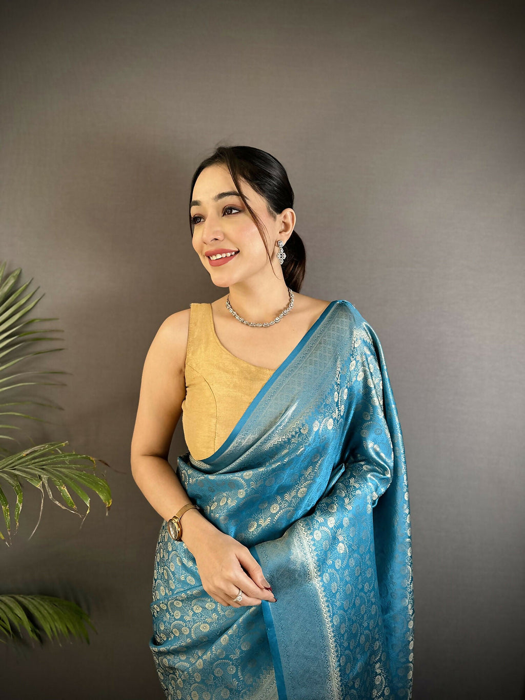 Joban Fashion Aqua Blue Floral & Paisley Motifs Soft Satin Silk Banarasi Saree - Distacart