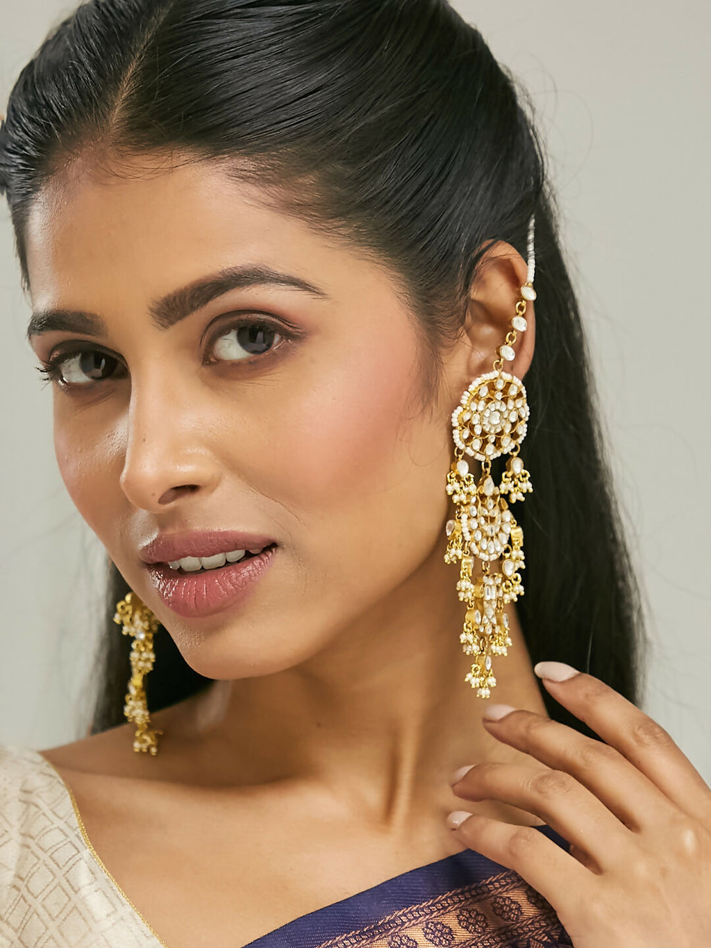 Nuyug 22 K Gold-Plated Elegant Kundan Studded & Pearl Beaded Crescent Shaped Kanauti Earrings - Distacart