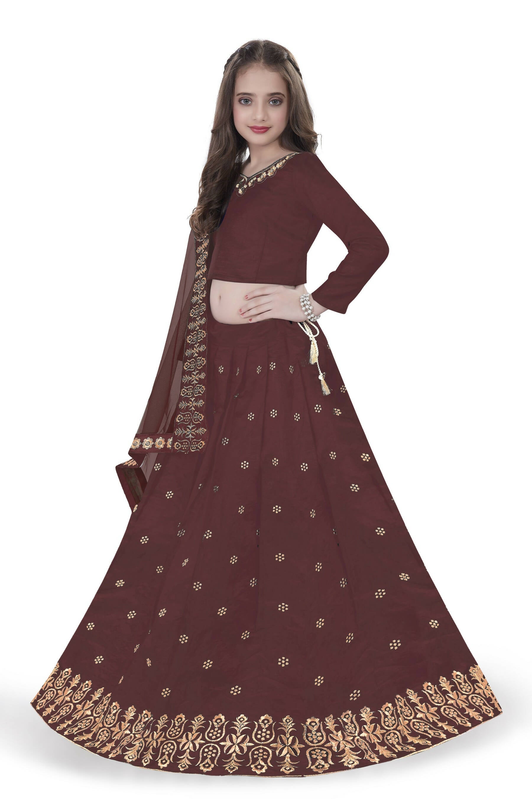 Dwiden Maroon Queen Tafetta Sattin Semi-Stitched Girl's Lehenga Choli