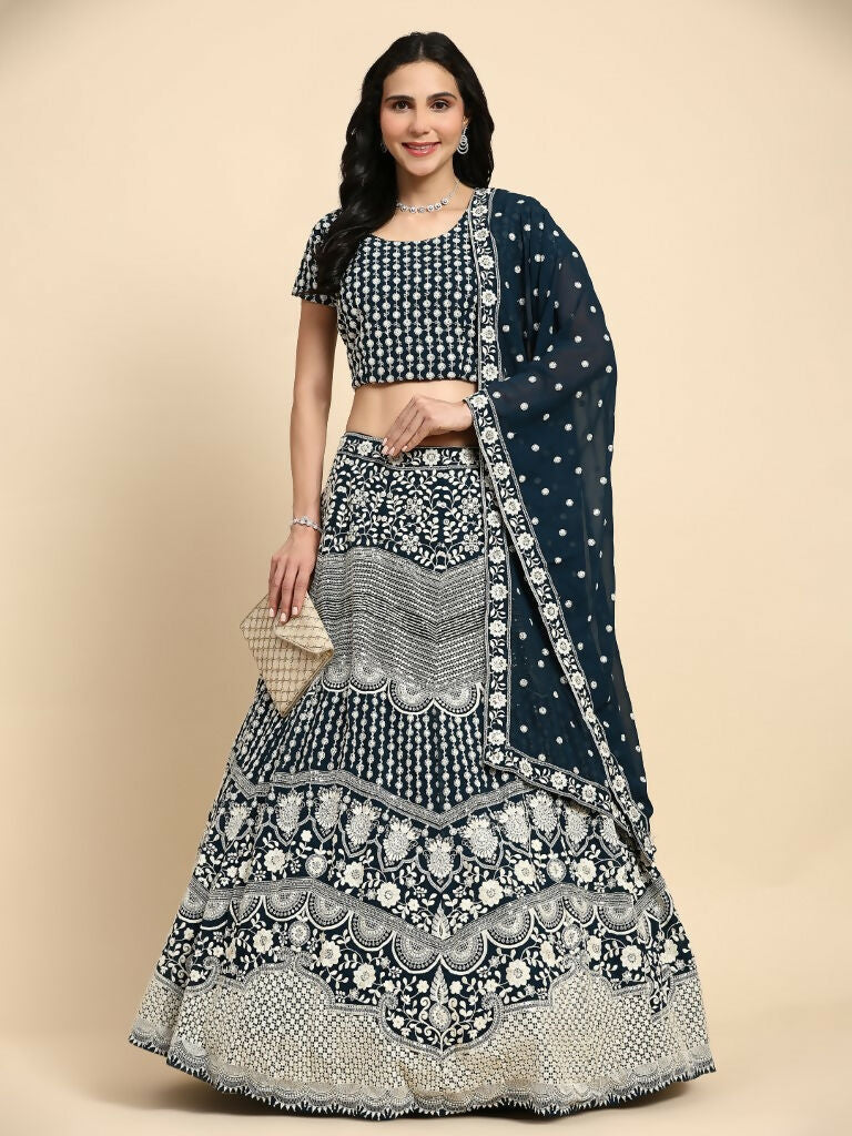 Blue Georgette Thread Embroidered Lehenga Choli with Dupatta - Tanya