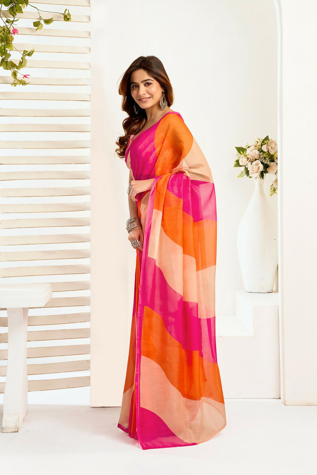 Vastranavya Multicolor Digital Printed Linen Ready To Wear Designer Saree with Unstitched Blouse - Distacart