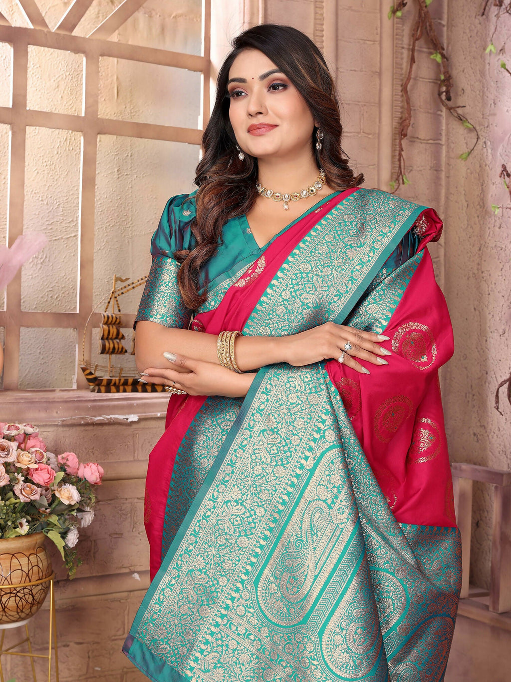 Joban Fashion Hot Pink Banarasi Soft Silk Woven Saree - Distacart