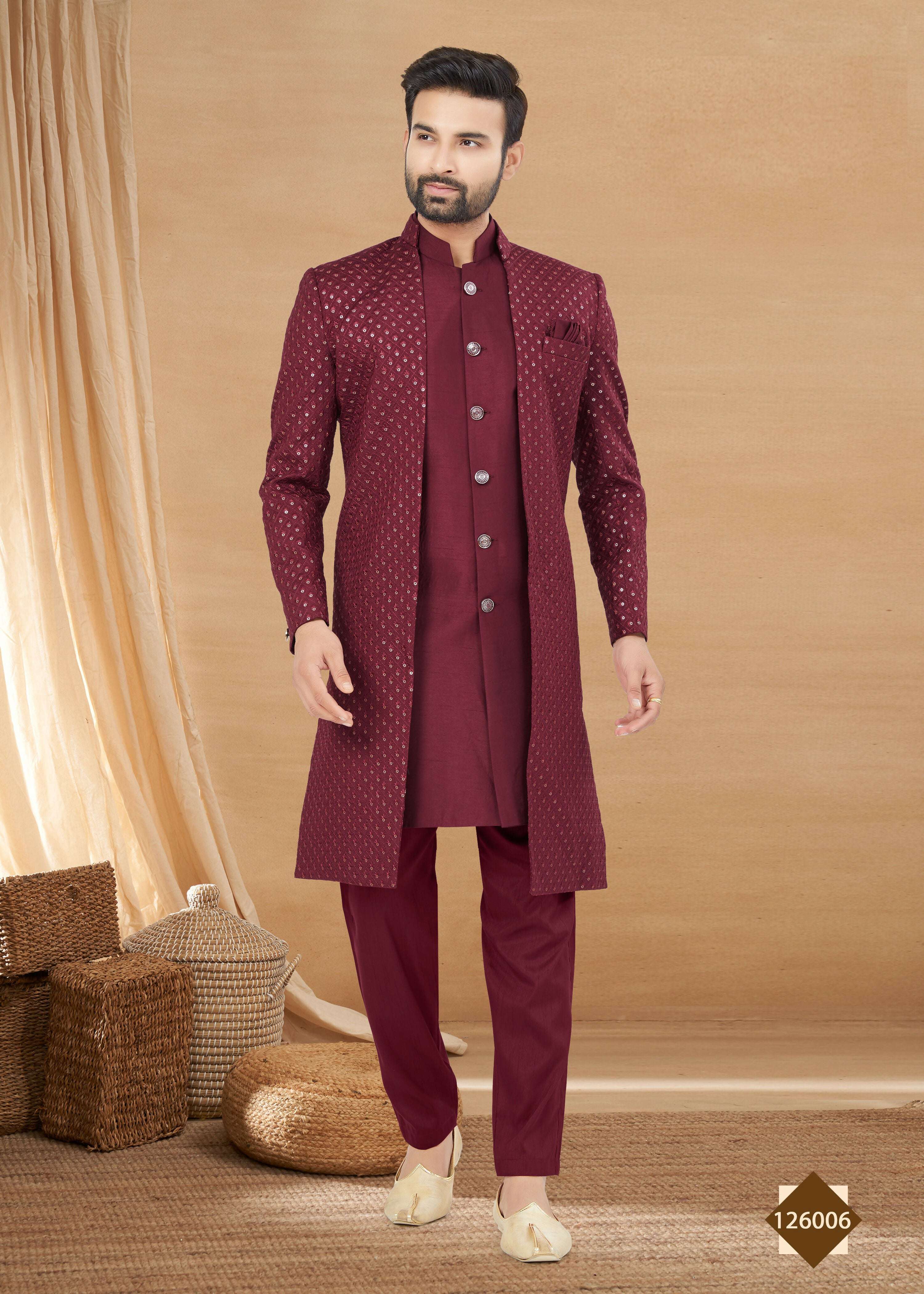 Joban Fashion Men's Maroon Heavy Art Silk Plain Indowestern