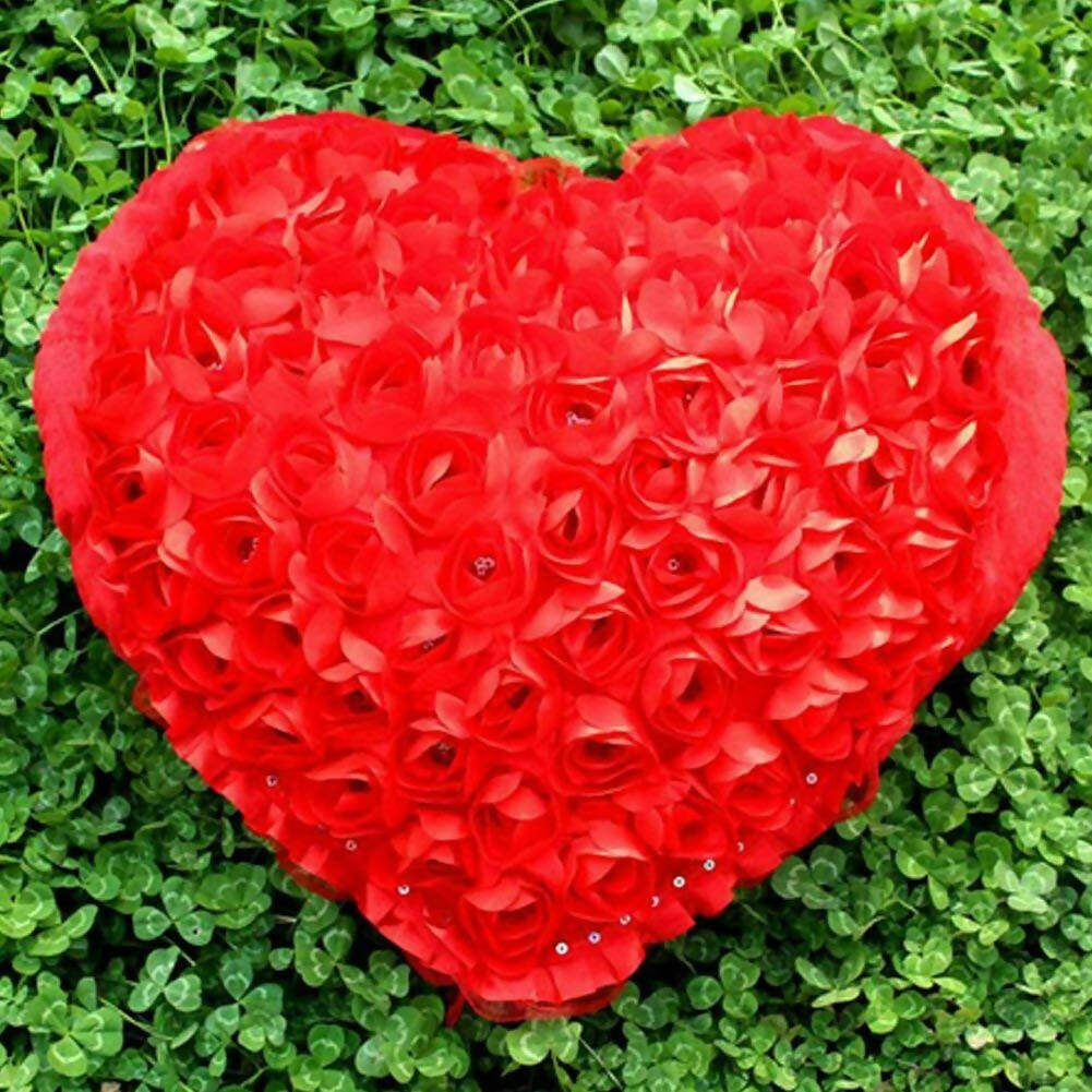 4Aj Bazaar Satin Roses Heart Shape Pillow Sofa Cushion (Red Color)