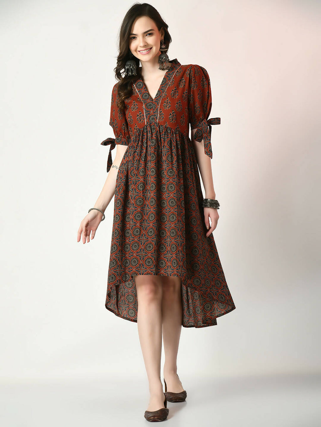 Myshka Women's Rust Empire Printed Dress - Distacart