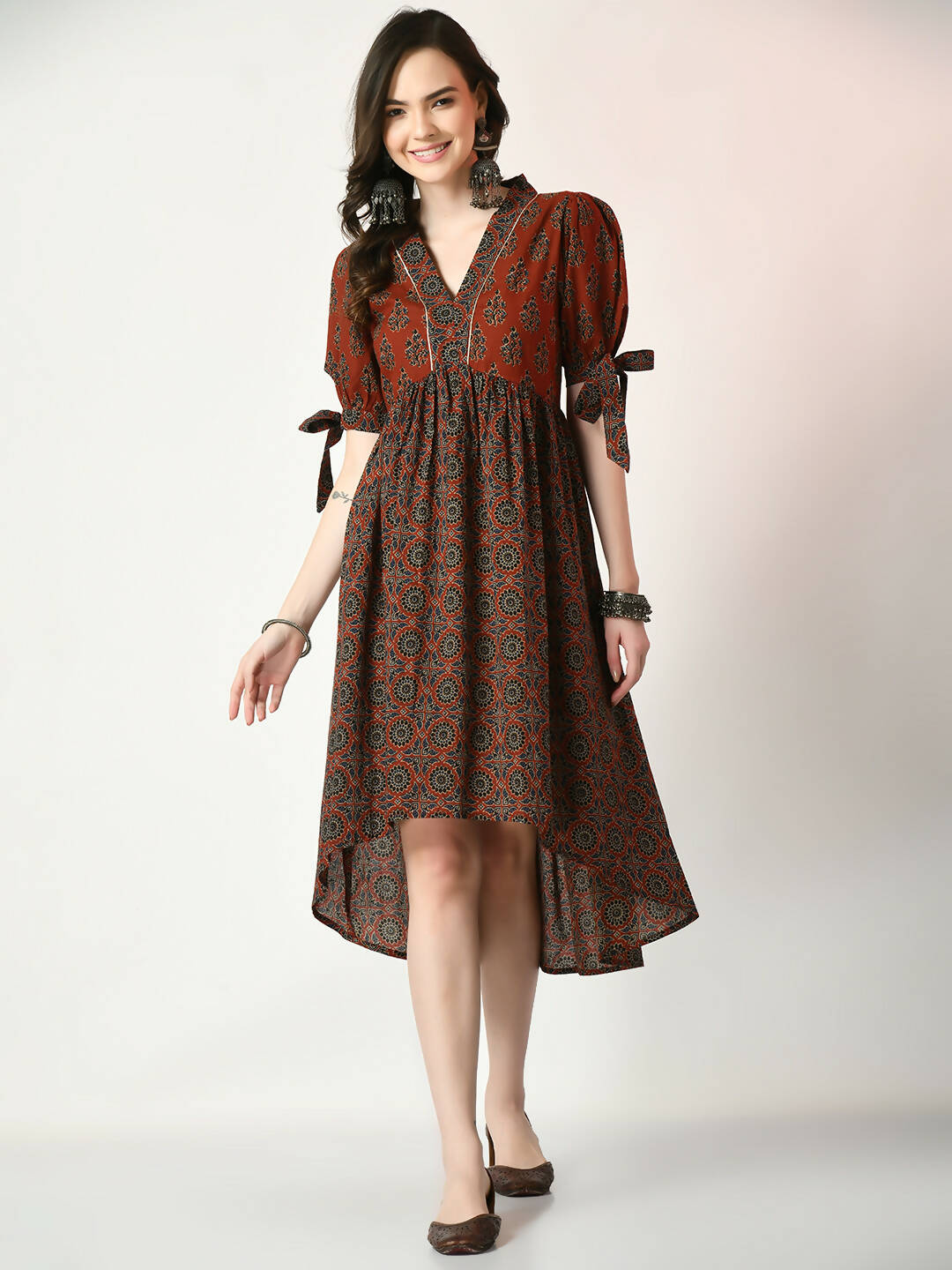 Myshka Women's Rust Empire Printed Dress - Distacart