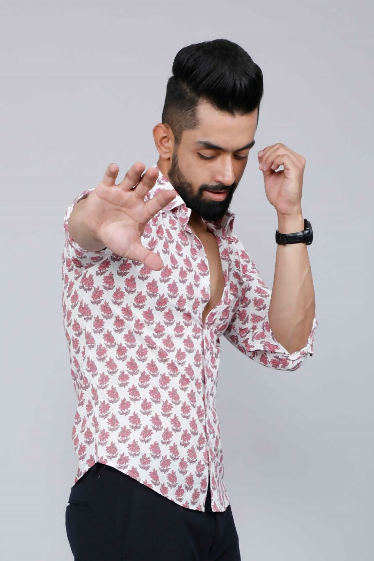 Miravan Men's White & Pink Spread Collar Floral Print Shirt