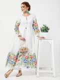Cheera Women Stylish Hand Chikenkari And Digital Printe Cotton Organza Flared Anarkali Kurta - White