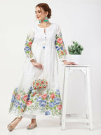 Cheera Women Stylish Hand Chikenkari And Digital Printe Cotton Organza Flared Anarkali Kurta - White