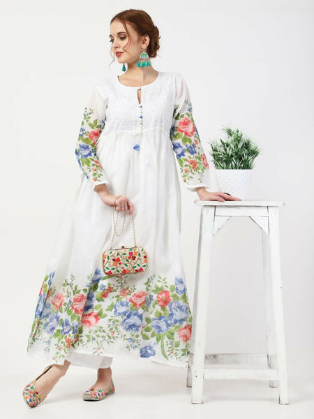 Cheera Women Stylish Hand Chikenkari And Digital Printe Cotton Organza Flared Anarkali Kurta - White