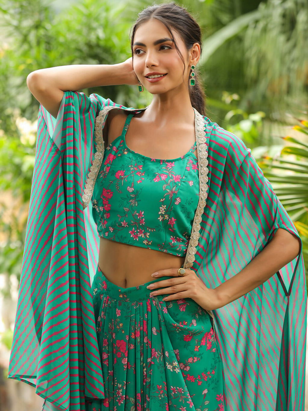Janasya Green Georgette Floral Top Bottom Cape