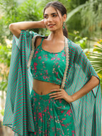 Janasya Green Georgette Floral Top Bottom Cape