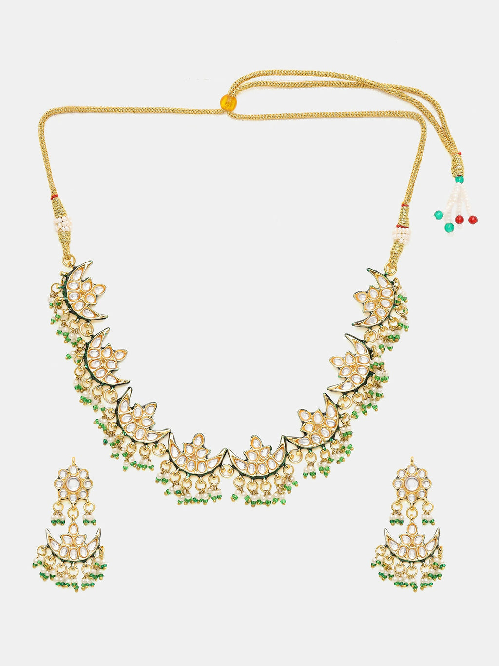 Ruby Raang Gold Polished Kundan Work Gold Half Moon Kundan Necklace With Earrings