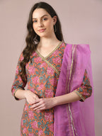 Myshka Women's Multi Printed Cotton Straight Party Kurta Set With Dupatta
