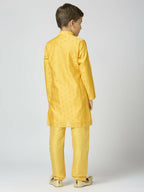 Joban Fashion Kids Island Full Sleeves Chanderi Kurta, Pyjama Set with Traditional Butta Work - Yellow - Distacart